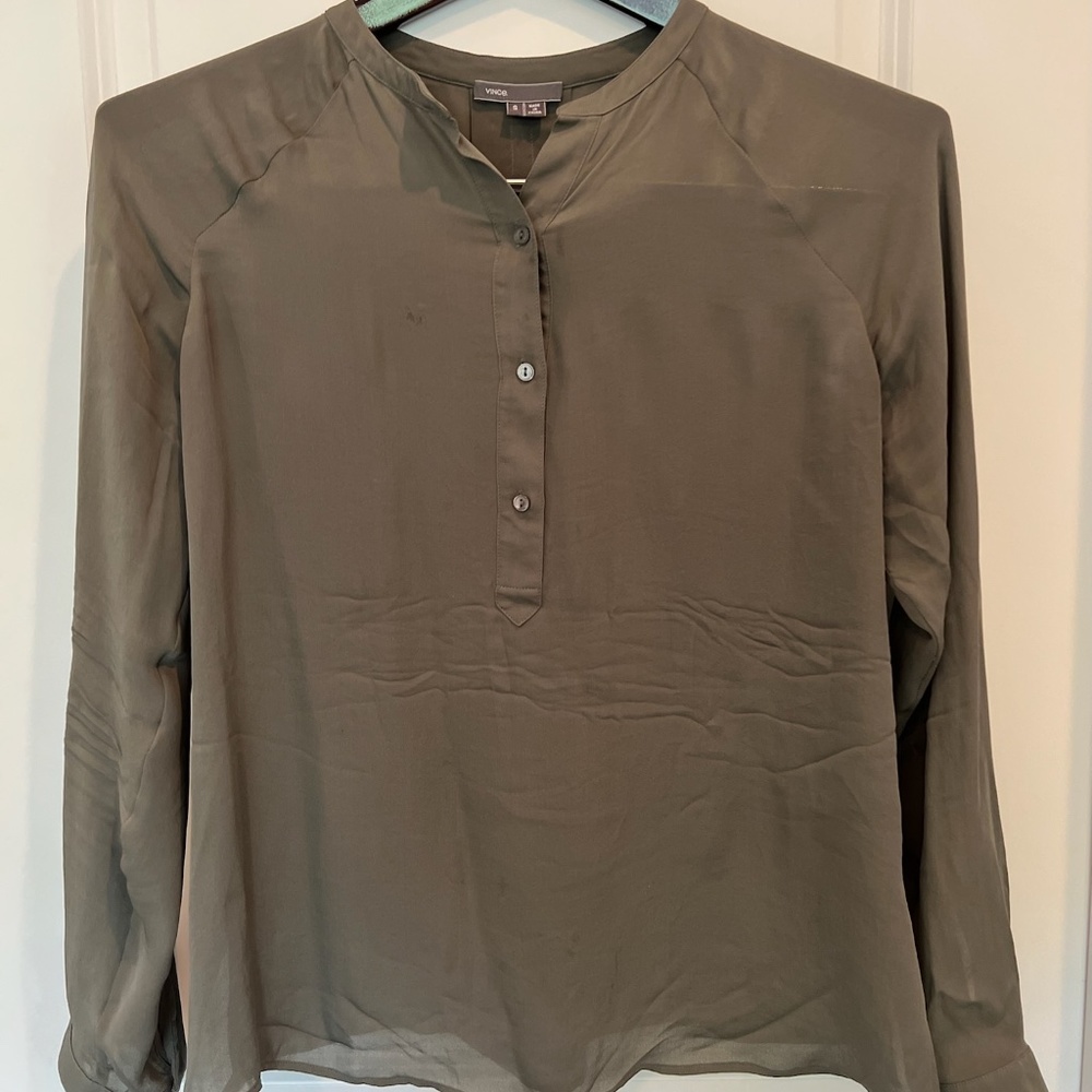Vince 100% Silk Olive Longsleeve Button Up Blouse